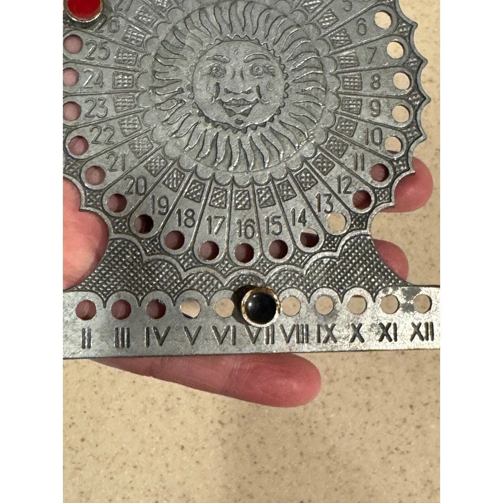 Vintage Celestial Sun Face Perpetual Desk Calendar Metal Silver Tone Boho Decor